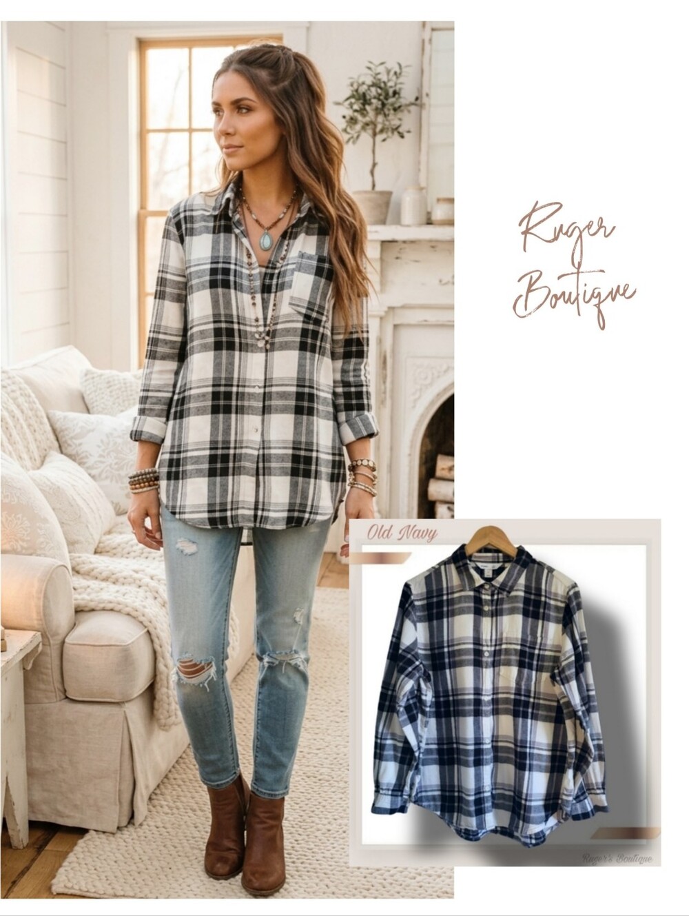🌿Old Navy Women's XL Black White Plaid Flannel Button Down Longsleeve